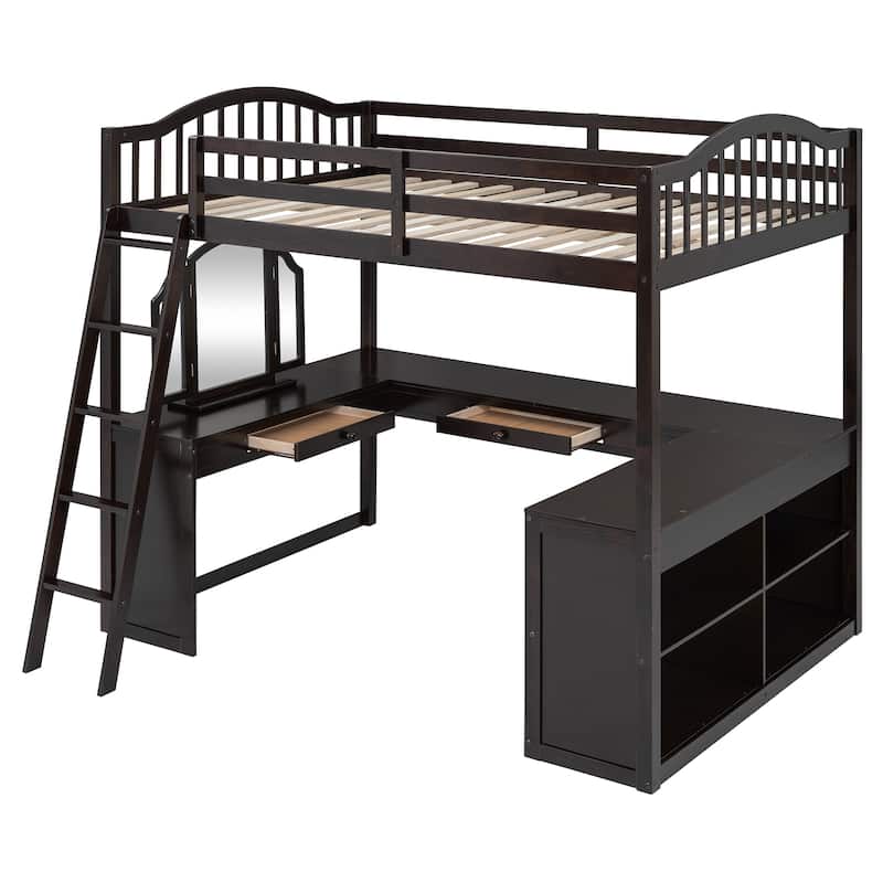 Full Size Wooden Loft Bed with U-Shaped Desk, Tri-Fold Mirror & Storage Compartments, Space-Saving Design