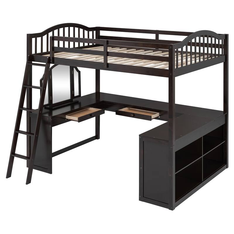 Full Wooden Loft Bed with U-shaped Desk,Storage Compartments and Tri-fold Mirror