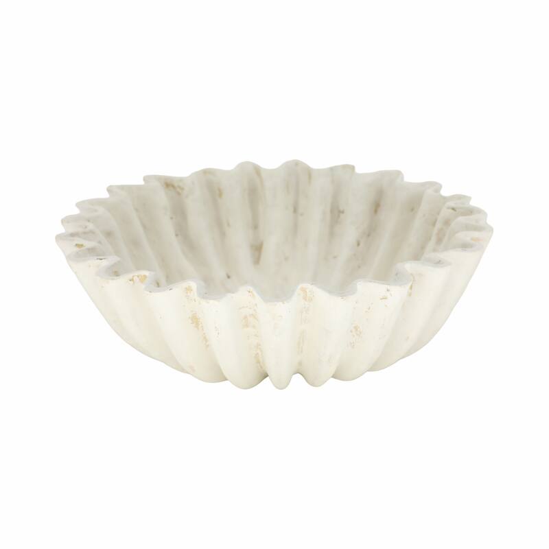 Modern Glam Fluted Pottery Decorative Bowl - 13" Ivory & Tan