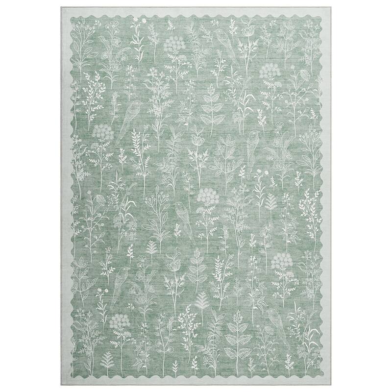 Botanical Washable Area Rug Modern Bird Pattern Rug Soft Non-Slip Low Pile Rugs for Living Room Bedroom