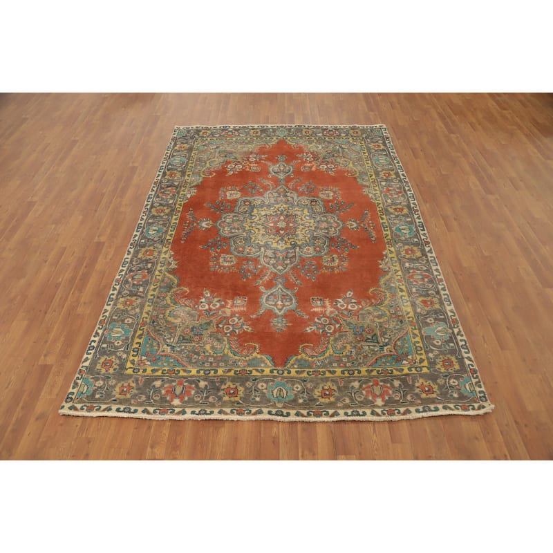 Hand Knotted Oriental 100% Wool Carpet Traditional Floral Oranges & Rust Tabriz Area Rug - 9' 10'' X 6' 7''