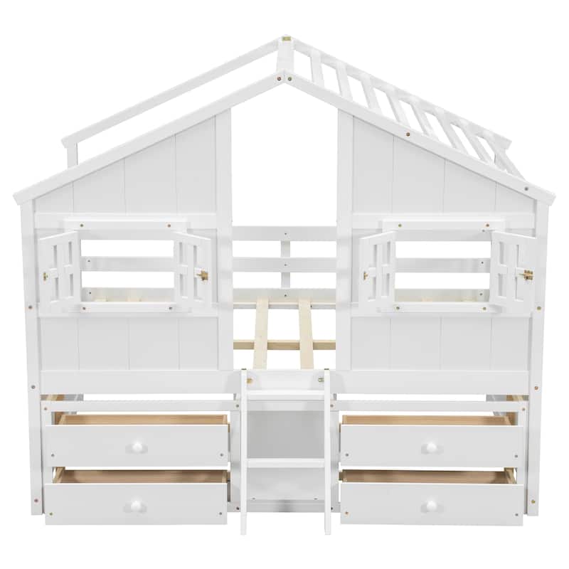 Wood Full Size House Loft Bed with Roof, Windows,4 Storage Drawers
