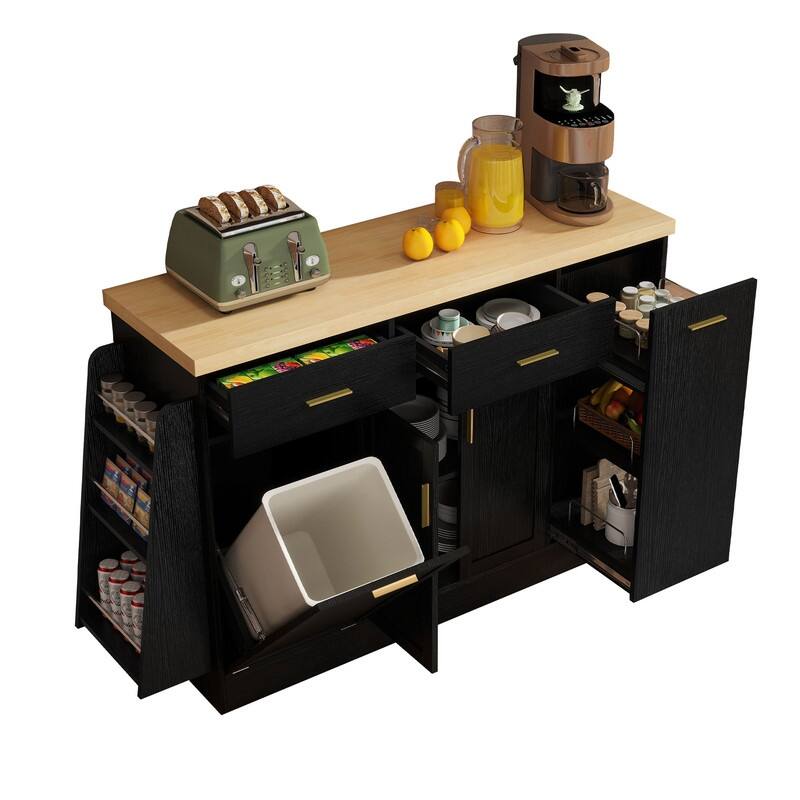 Multi-Functional Storage Sideboard Kitchen Island with Hidden Trash Can and Adjustable Spice Rack