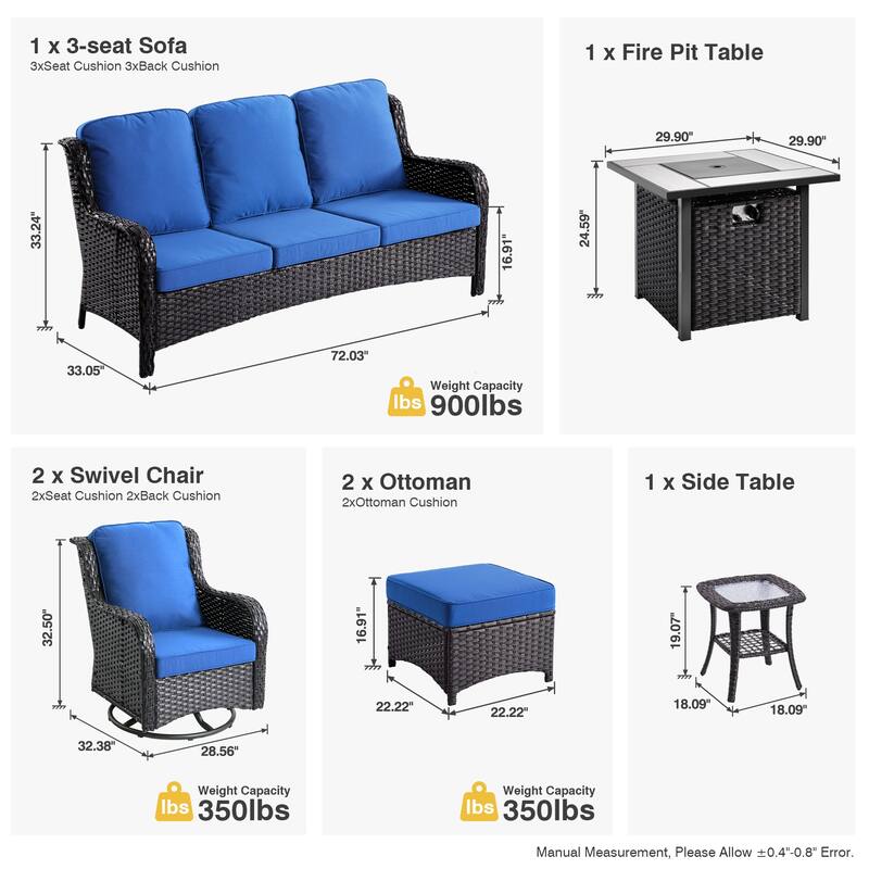 OVIOS 7-piece Patio Swivel Chair Set with 30" Fire Pit