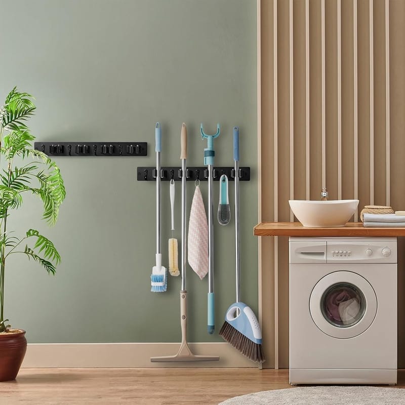 2 Pack Wood Broom Mop Hanger - Wall Mounted Garden Tool Rack Organizer 4 Slots & 4 Hooks - 2 Pack