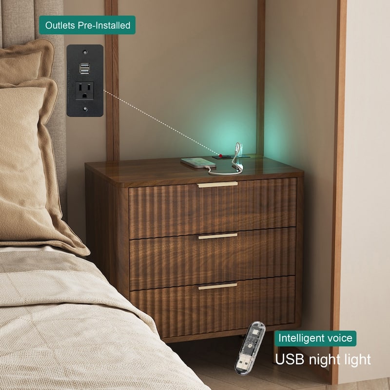 22.83" Modern Nightstand with Night Light and Charging Station