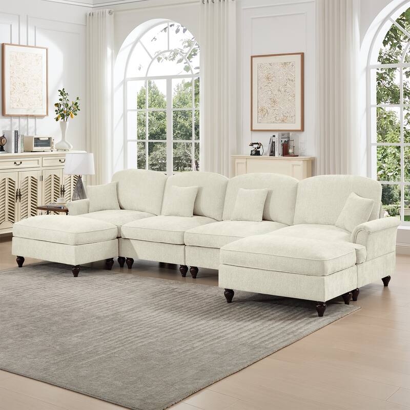 GDFStudio - Classic U-Shaped Chenille 4-Seater 137.8" Sectional Sofa with Ottomans
