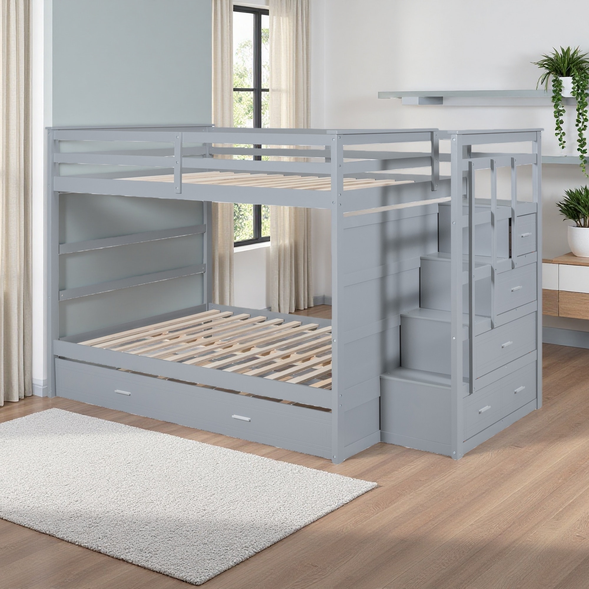 Full over Full Wood Bunk Bed with Twin Trundle & 4 Storage Drawers