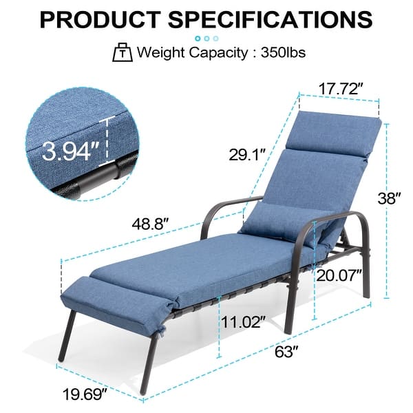 dimension image slide 1 of 4, Patio Adjustable Chaise Lounge Chair with Cushion and Pillow for Outdoor & Indoor