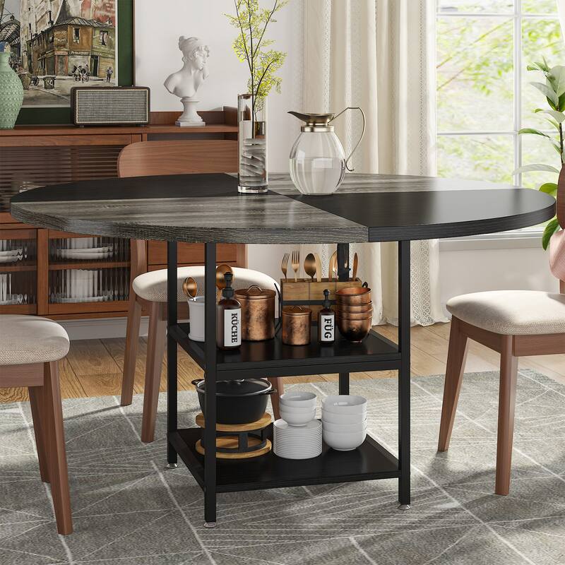 Dining Table with Storage Shelves for 4 People, Rustic Color Contrast Kitchen Table