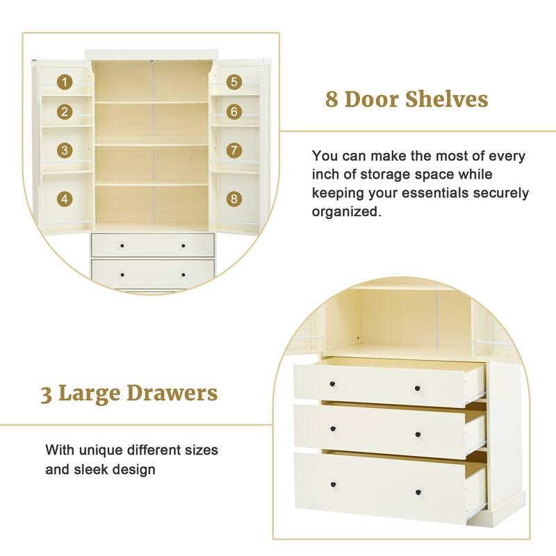 77" Farmhouse Pantry Cabinet - Tall Freestanding Storage with 3 Drawers & 11 Adjustable Shelves (8 Door + 3 Main) for Kitchen