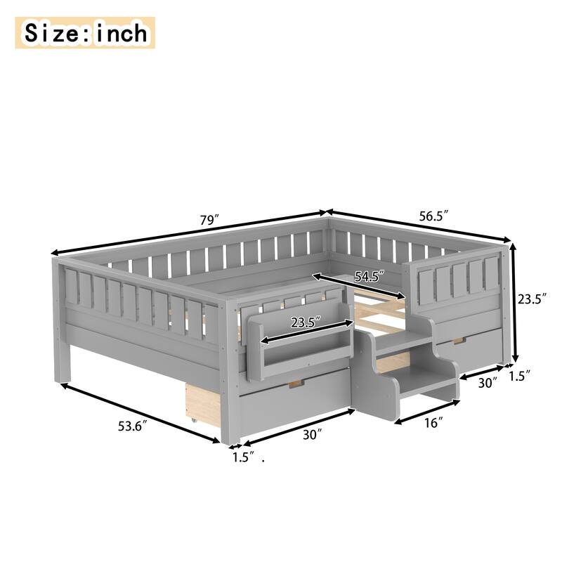 Full/Twin Loft Bed with Storage Drawers, Safety Staircase & Rails