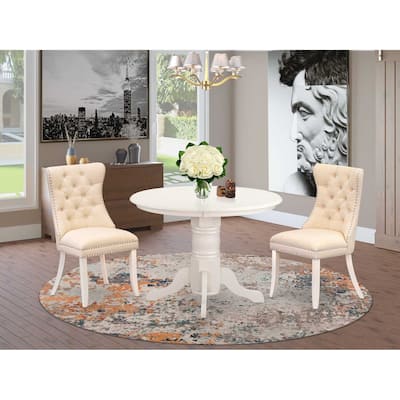 3-Piece Linen white Solid Wood Top - Round Upholstered Dining Room Set - Seats 4