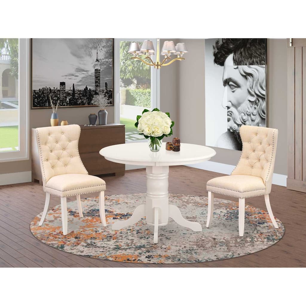 3-Piece Linen white Solid Wood Top - Round Upholstered Dining Room Set - Seats 4