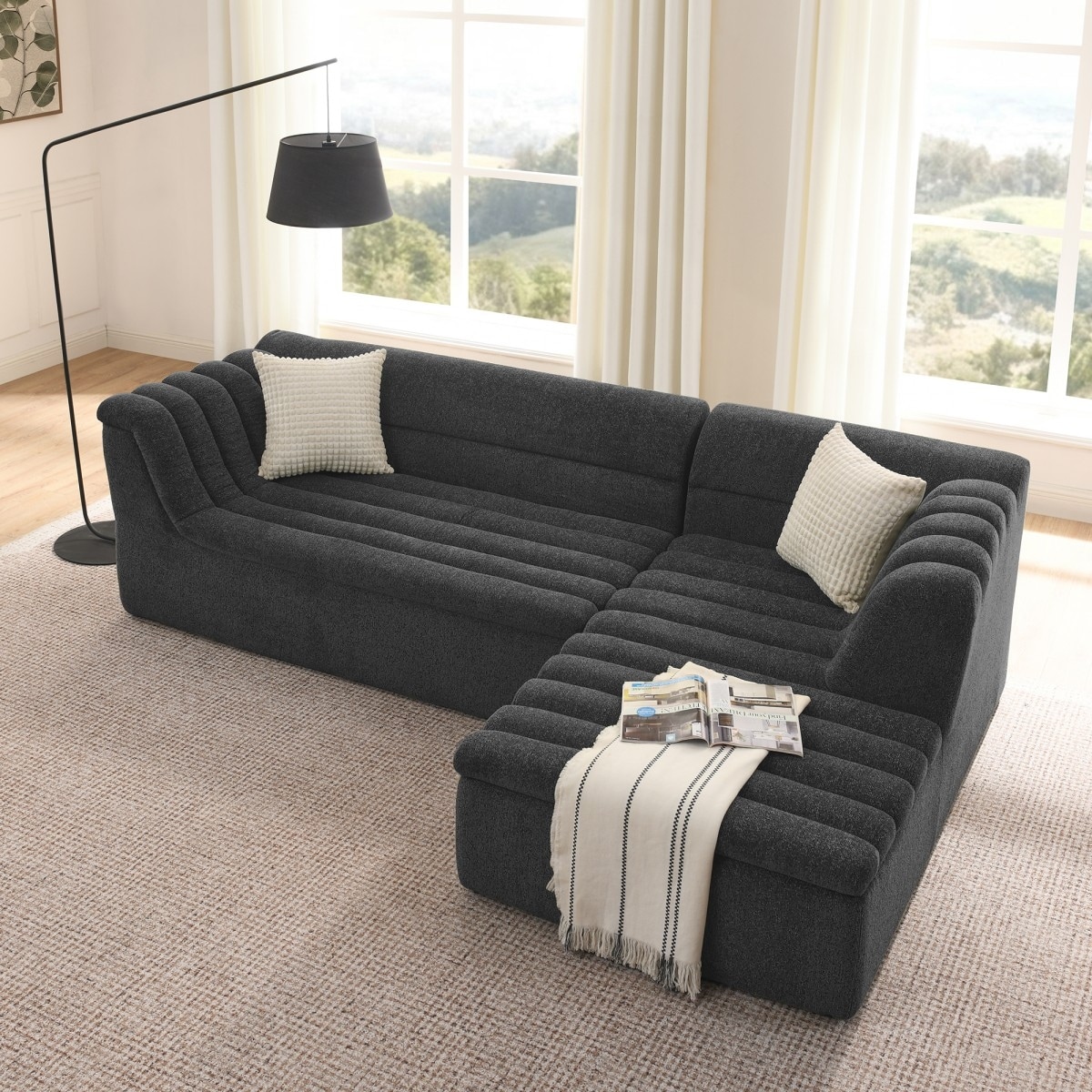 106" L-Shaped Chenille Upholstered Boneless Sectional Sofa with Chaise and Wave-Shaped Armrest, No Pillows Included