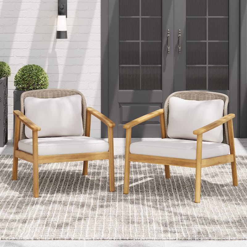 Christopher Knight Home - Camille 2-Piece Outdoor Acacia Wood Patio Club Chair with Woven Rope Backrest & Deep Seating - Light Teak + Mix Brown + Beige