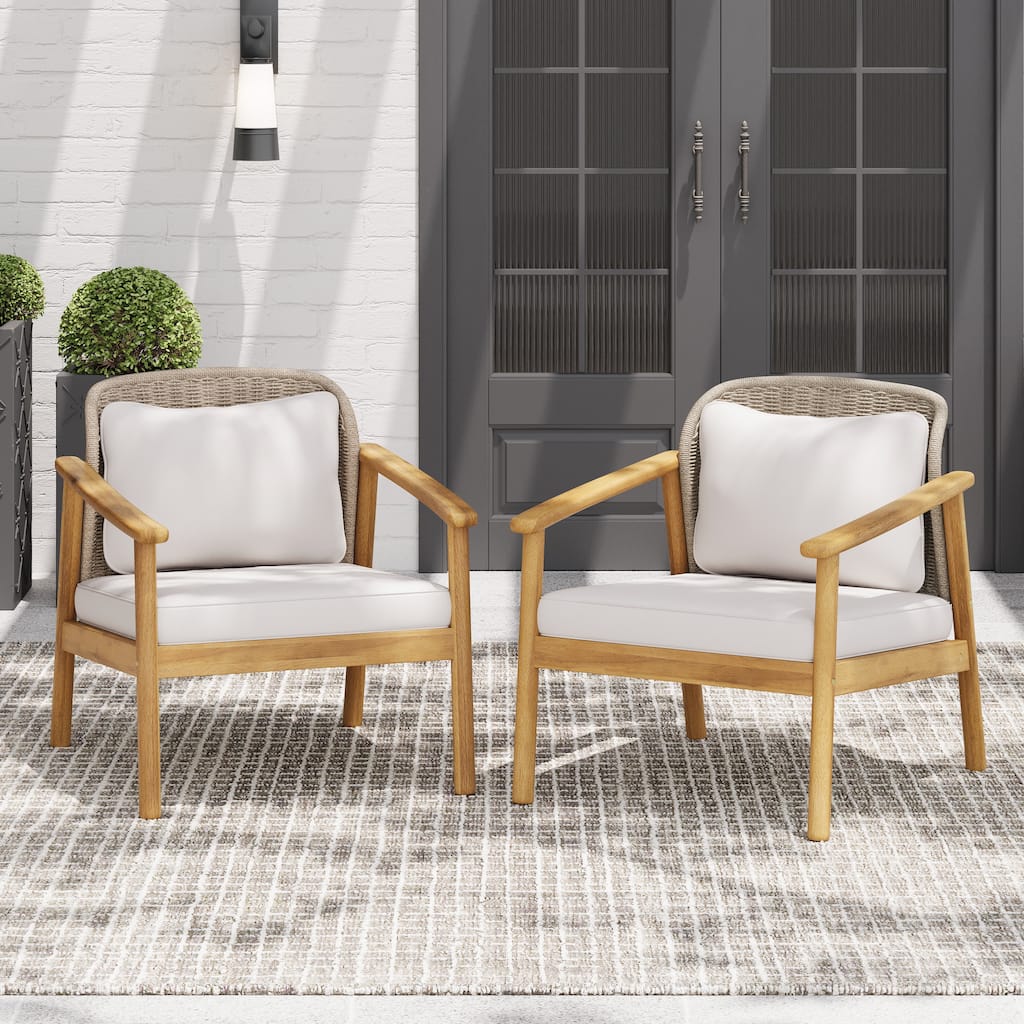 Christopher Knight Home - Camille 2-Piece Outdoor Acacia Wood Patio Club Chair with Woven Rope Backrest & Deep Seating