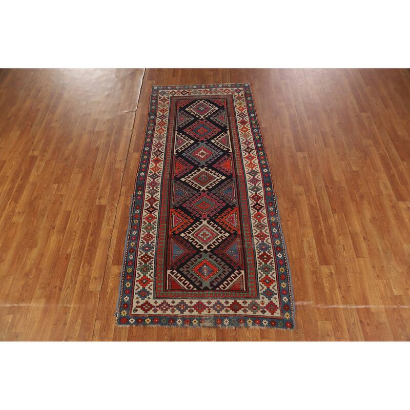 Hand Knotted Oriental 100% Wool Carpet Traditional Geometric Multi-Colored Kazak Runner Rug - 7' 6'' X 3' 4''