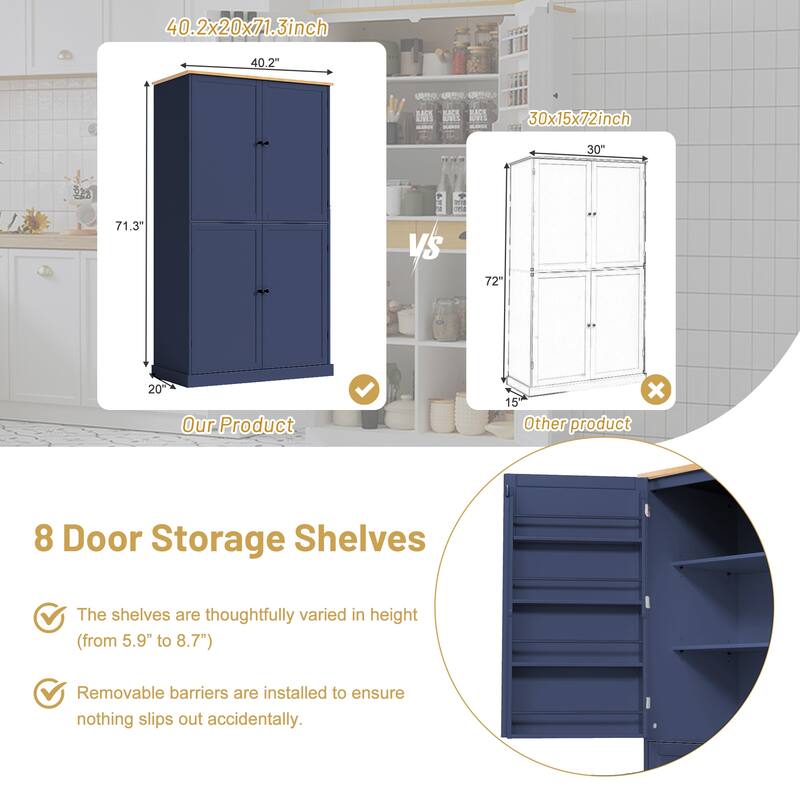 40" Wide Kitchen Pantry Cabinet - Large Storage Cupboard with 2 Drawers, 10 Adjustable Shelves (8 Door + 2 Main) - 71" Tall