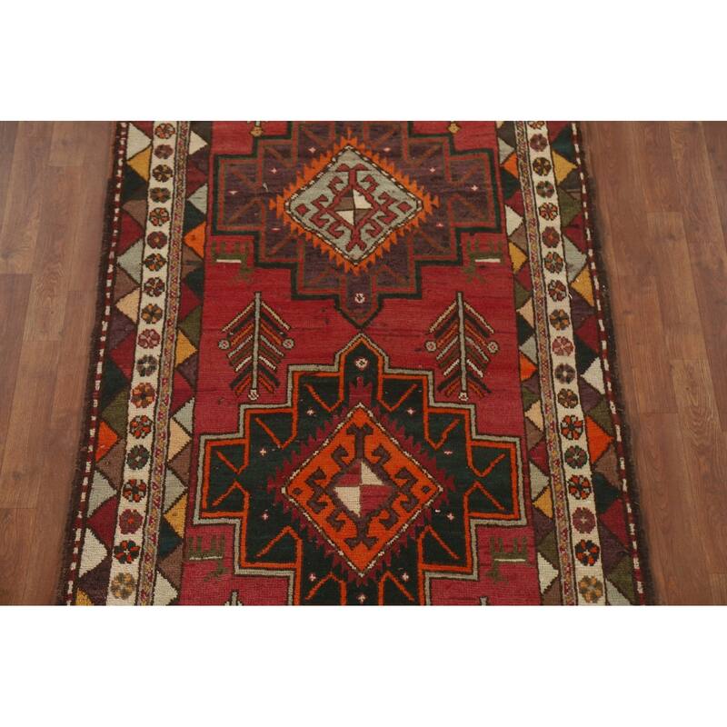Hamedan Persian Vintage Runner Rug Handmade Wool Carpet - 3'10"x 11'9"