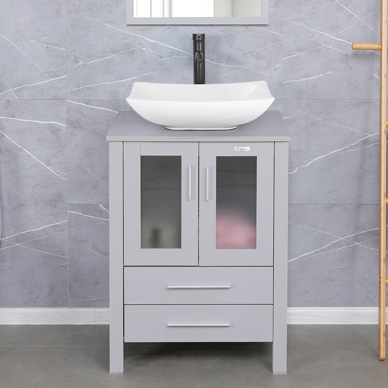 Eclife 24" Bathroom Vanity Gray Set Glass/ Ceramic Vessel Sink Cabinet Faucet Drain Combo Free Standing - white ceramic curved sink