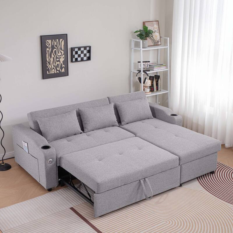 84" 3 in 1 Linen Sleeper with USB Ports and Cup Holders - Grey