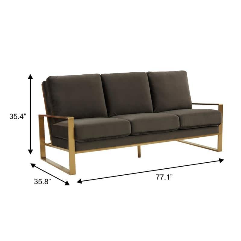 Jefferson Velvet Upholstered 3 Seater Sofa with Brushed Gold Stainless Steel Base and Removable Cushions - 77.1