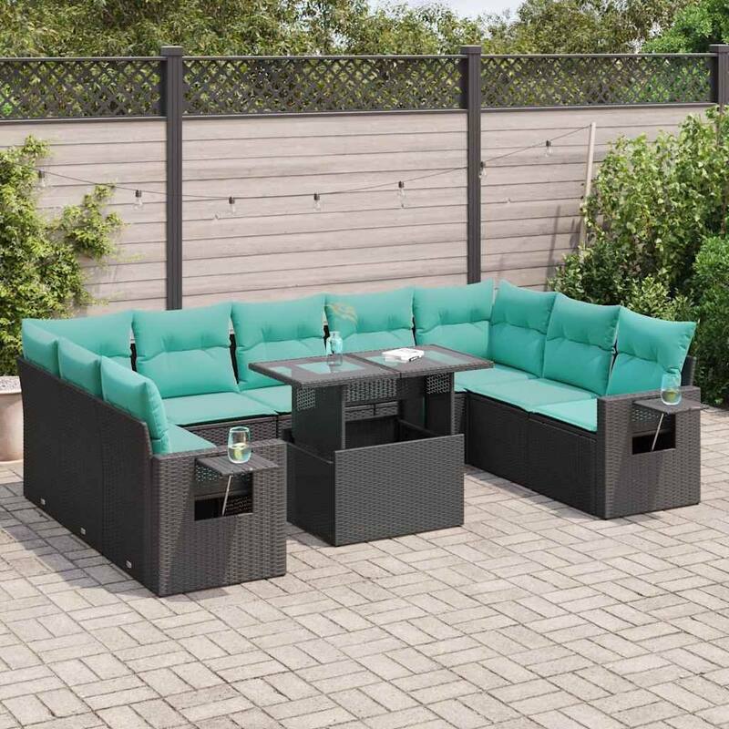 vidaXL 10 Piece Patio Sofa Set with Cushions Black/Gray Poly Rattan - Black with storage