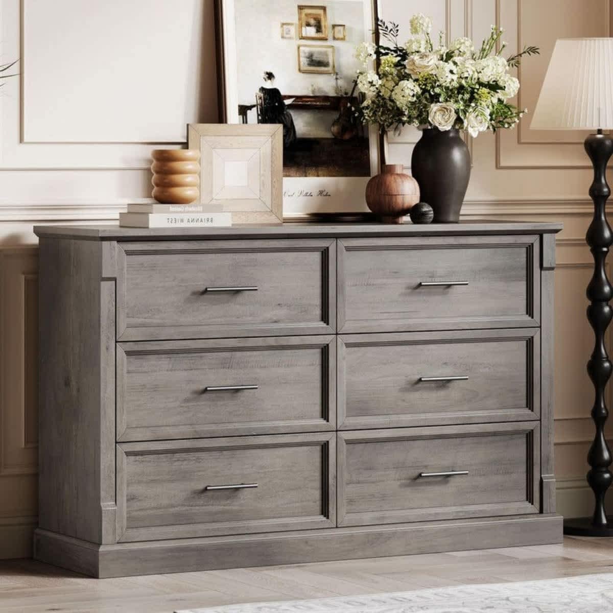 Modern Farmhouse Large Double Chest with Metal Handles Rustic Dresser for Living Room Hallway