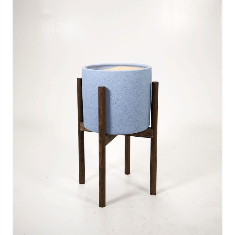 Large Ceramic Pot 10" Sky Blue with Wood Stand - 8' x 10' - Dark Walnut