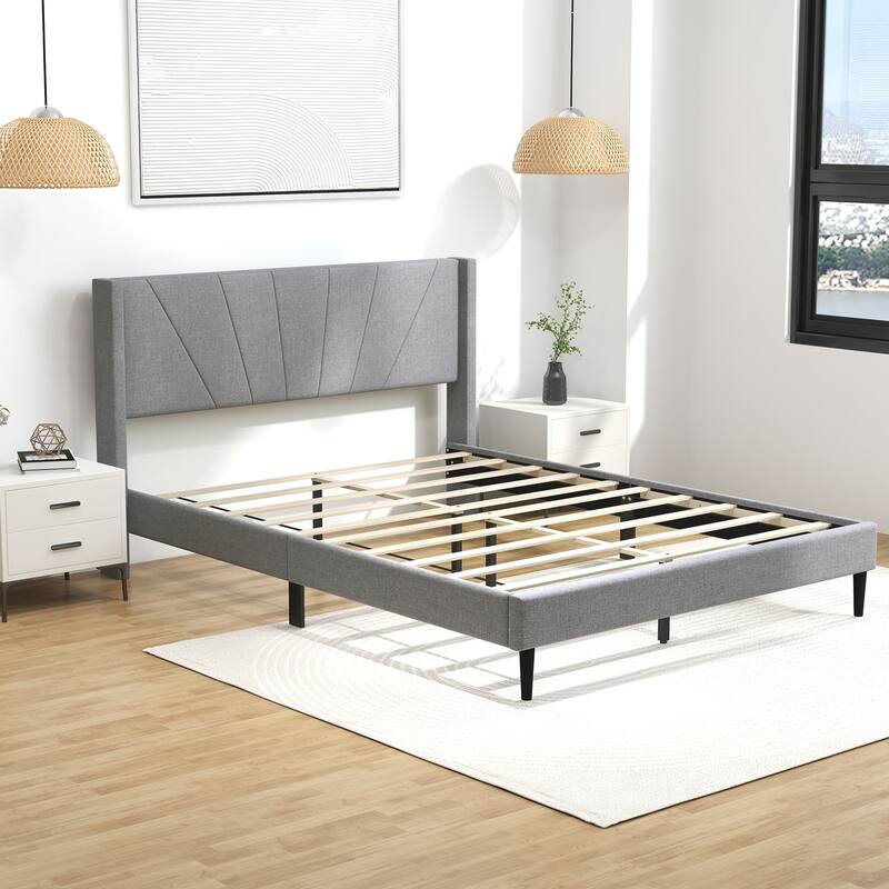 Bed Frame with Linen Upholstered Wingback Headboard