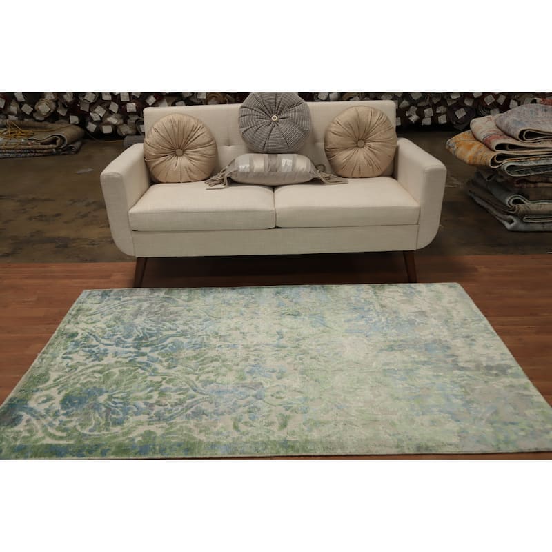 Hand Knotted Oriental Viscose Silk Carpet Modern Abstract Green Abstract Area Rug - 6' 4'' X 4' 1''