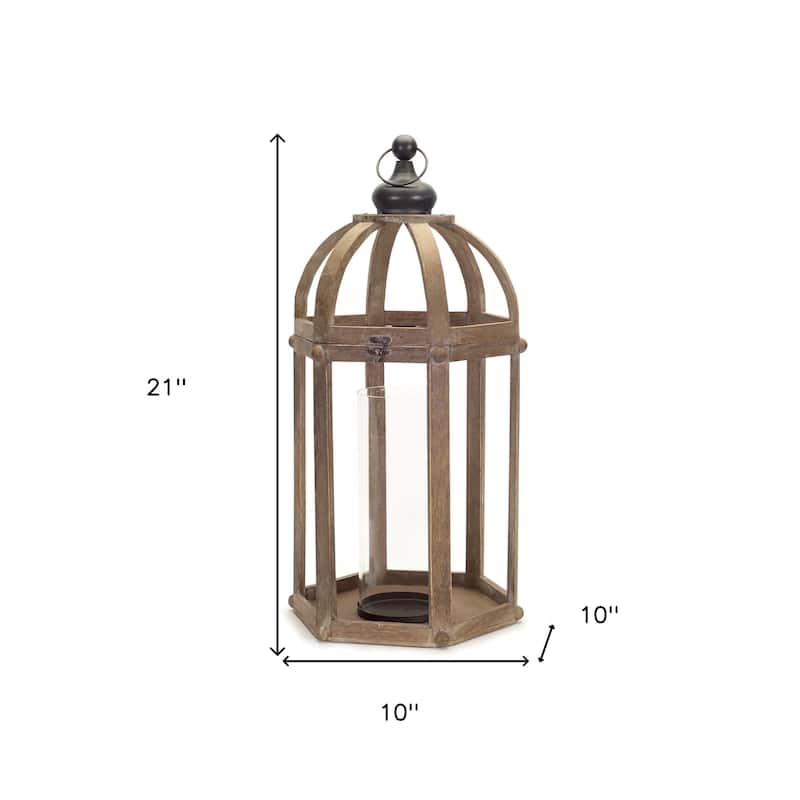 Set of Two Brown Wood and Glass Floor Lantern Candle Holders - One Size