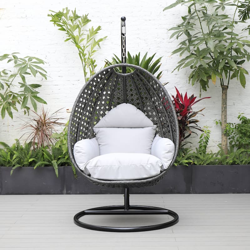 LeisureMod Charcoal Single Seater Rattan Wicker Egg Swing Hanging Chair for Indoor Outdoor Patio Porch Backyard Garden