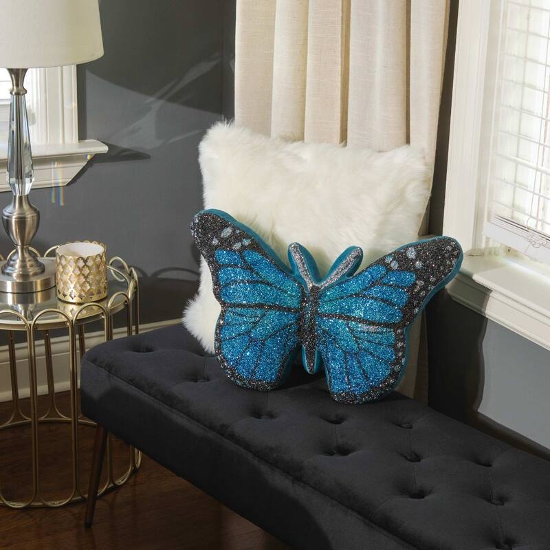 Butterfly Shaped Pillow, Luminous Rhinestones on Blue Velvet