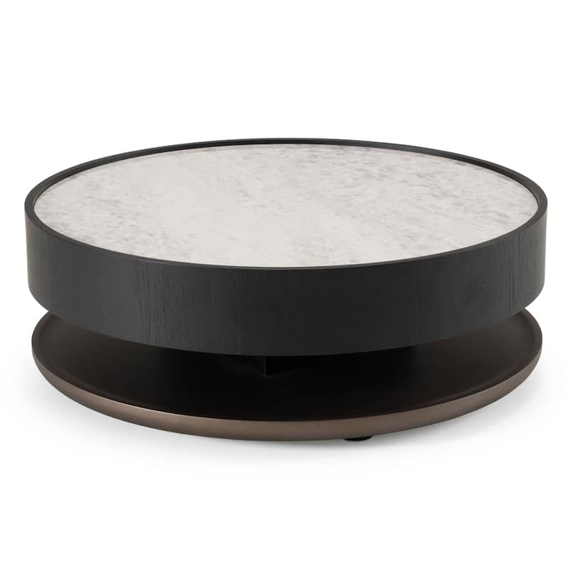 Cid Mauj Coffee Table, 37 Inch White Ceramic Top, Black Oak Veneer Body