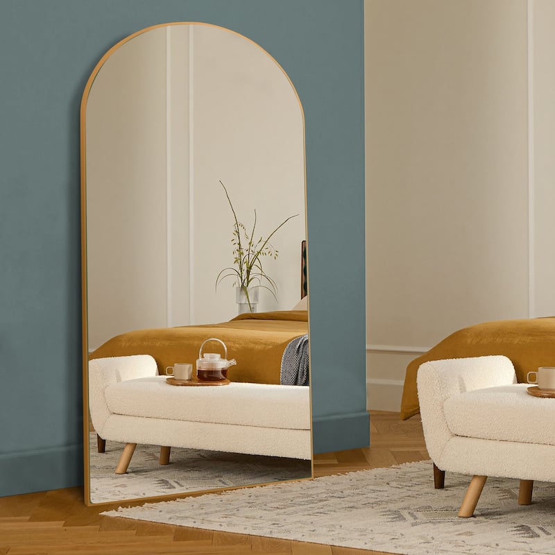 Arched Floor Mirror With Stand,Wood Frame Full Length Mirror,Wall-Mounted Mirror