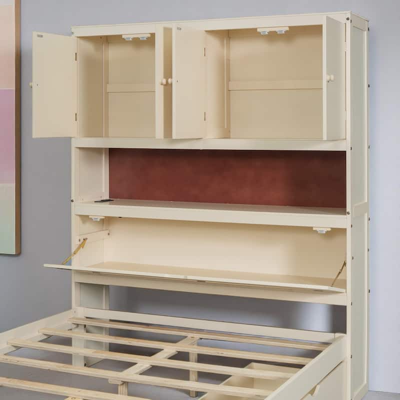 Full Size Platform Bed with Flip-Up Headboard Storage, USB Outlets, and Drawers