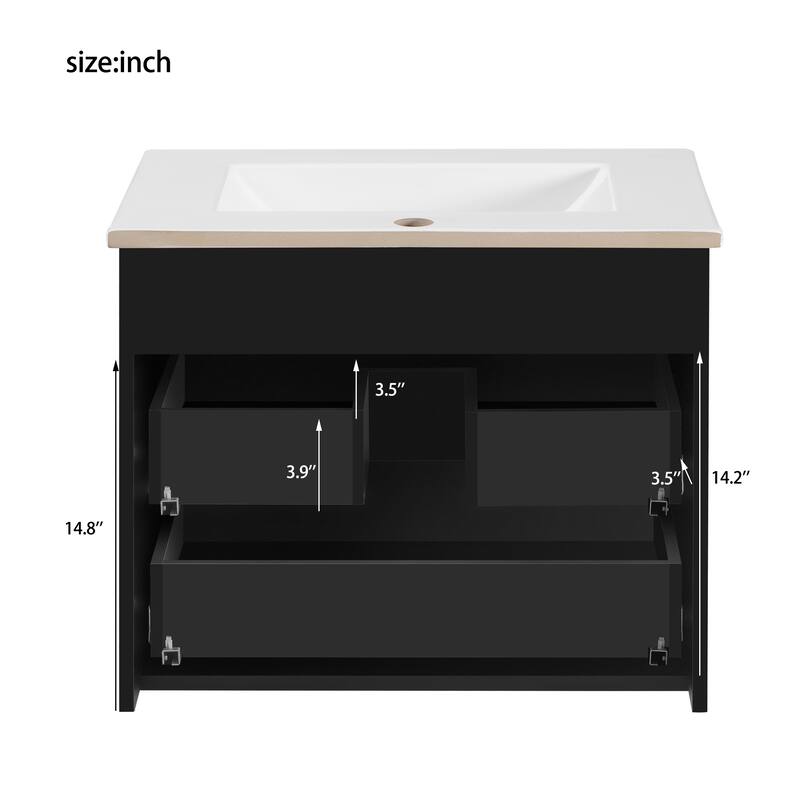 24" Wall Mounted Floating Bathroom Vanity with Side Cabinet, Modern Rectangular Sink with Overflow and Single Faucet Hole
