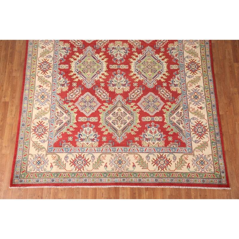 Red Geometric Kazak Area Rug Handmade Wool Carpet - 7'11" x 9'11"