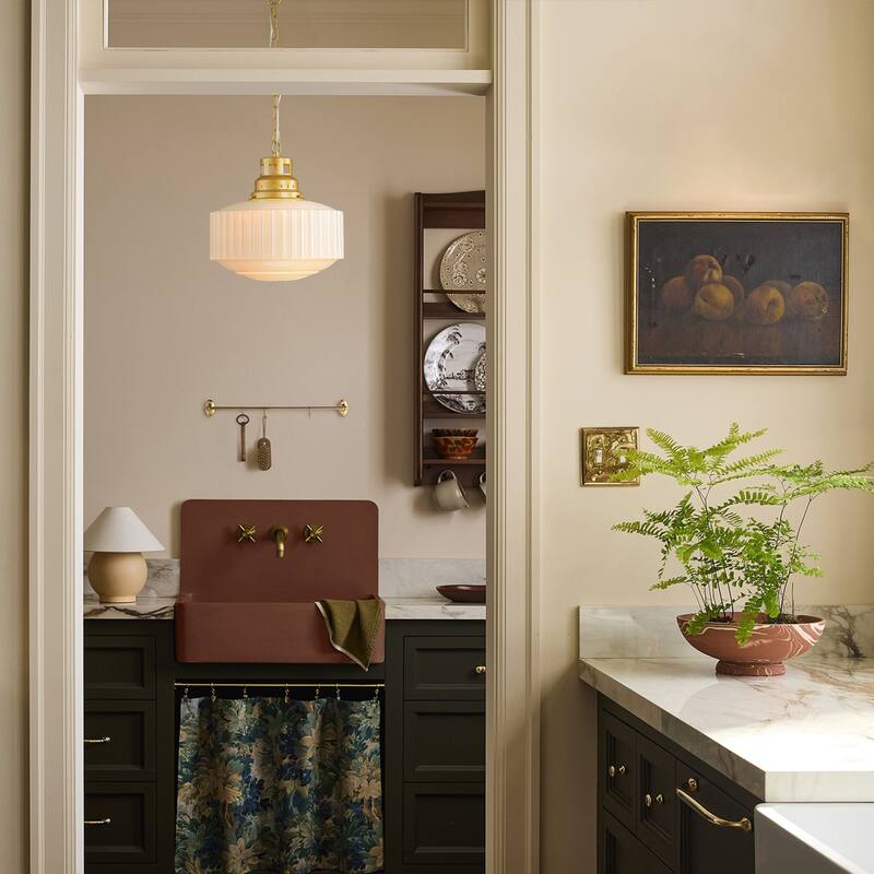 1-Light Mid-Century Modern Brass & White Ribbed Glass Pendant Light for Dining Room - 1 Light