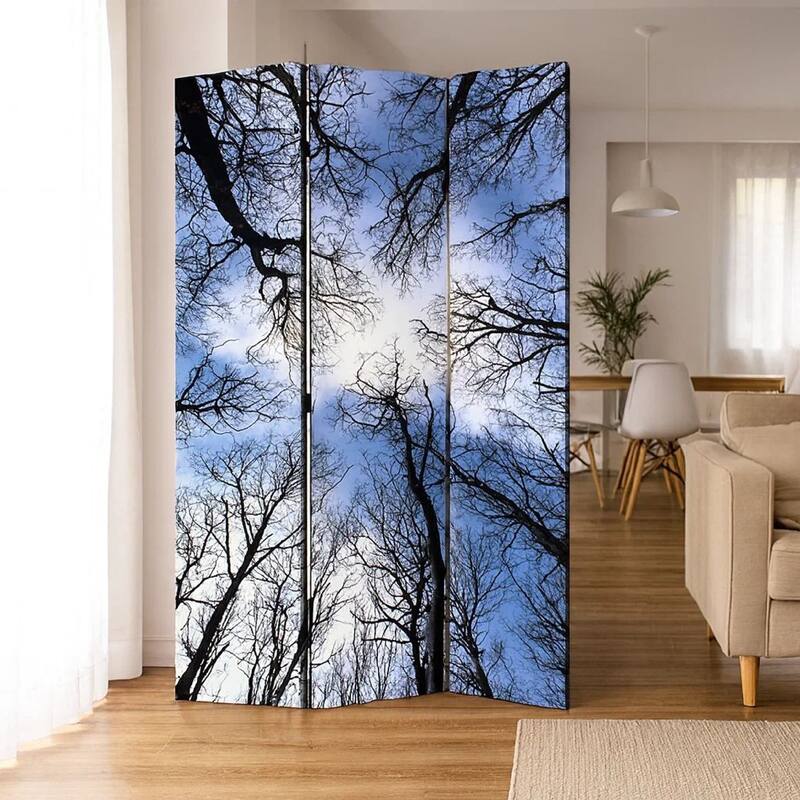 3 Panel Foldable Canvas Screen with Tree Print, Black - 6 x 12