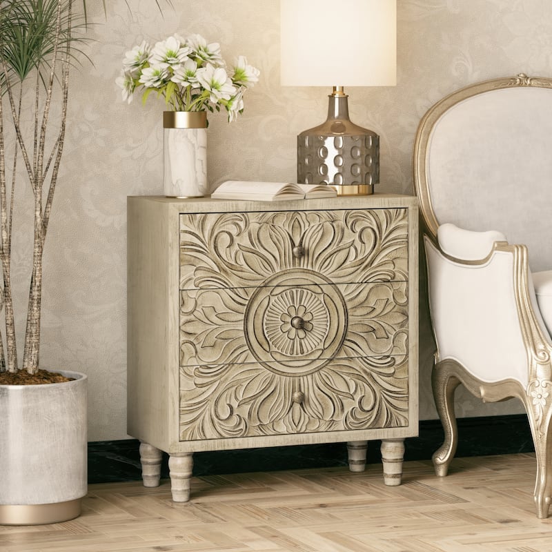 COZAYH Farmhouse 3 Drawer Nightstand with Craft Flower Motif Front, Distressed Boho Chest, French Country, Weathered White