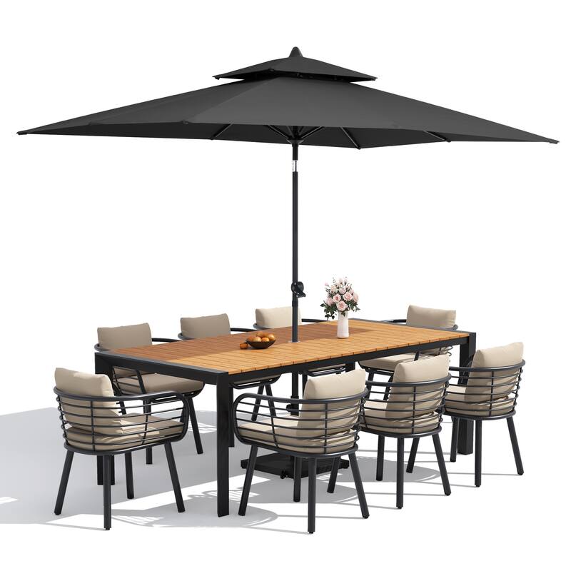 9/11-Piece Outdoor Dining Set w/10 ft Umbrella and Base Aluminum Dining Table and Chairs with Sunbrella Cushions