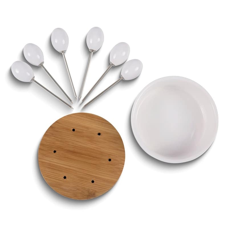 Curata Ceramic and Bamboo Serving Tray Set with 3 Condiment Bowls Semi-Circular Bowl and 6 Cocktail Picks