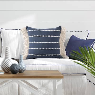 Sevita Navy/Ivory Striped Cotton Blend Throw Pillow, 20" x 20".
