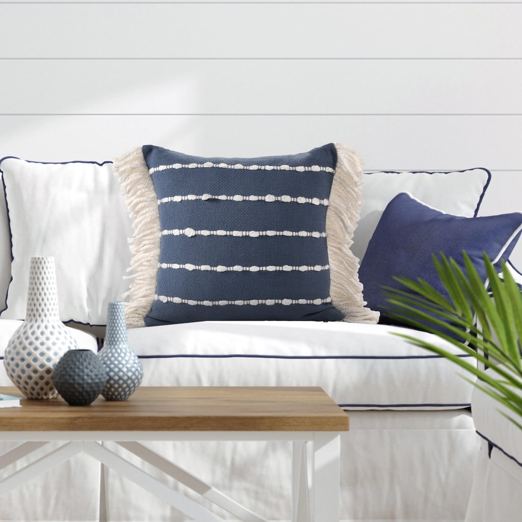 Sevita Navy/Ivory Striped Cotton Blend Throw Pillow, 20" x 20".