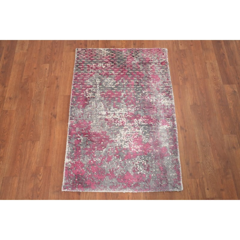 Hand Knotted Oriental Viscose Silk Carpet Modern All-Over Pink Abstract Area Rug - 3' 0'' X 2' 0''