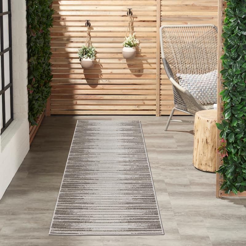 Nourison Calobra Traditional Geometric Stripe Indoor Outdoor Striped Area Rug - 2'2" x 7'6" Runner - Lt Grey