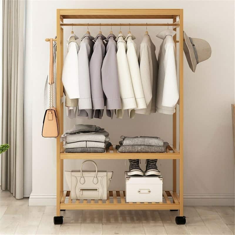 Clothes Rack Bamboo Garment Rolling Rack with Side Hooks